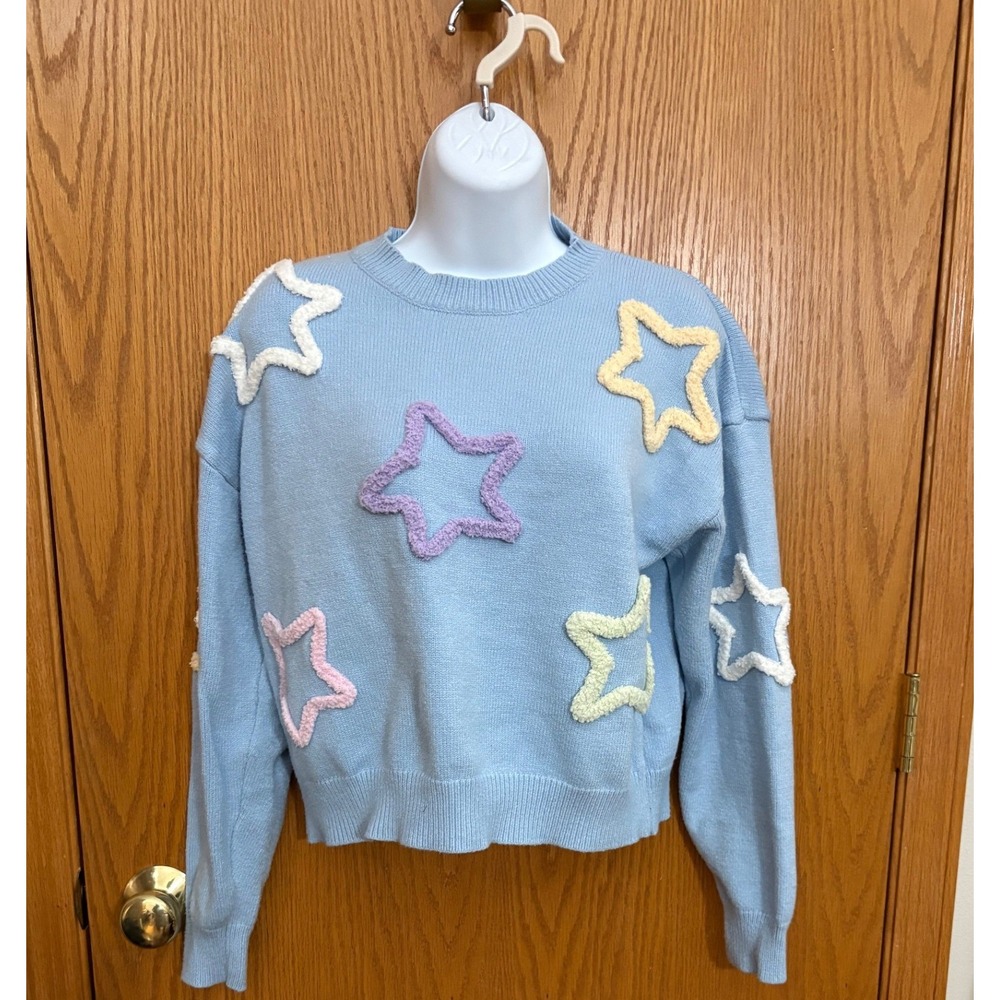 Dreamers by Debut Light Blue Chenille Star Knit Sweater M K4810